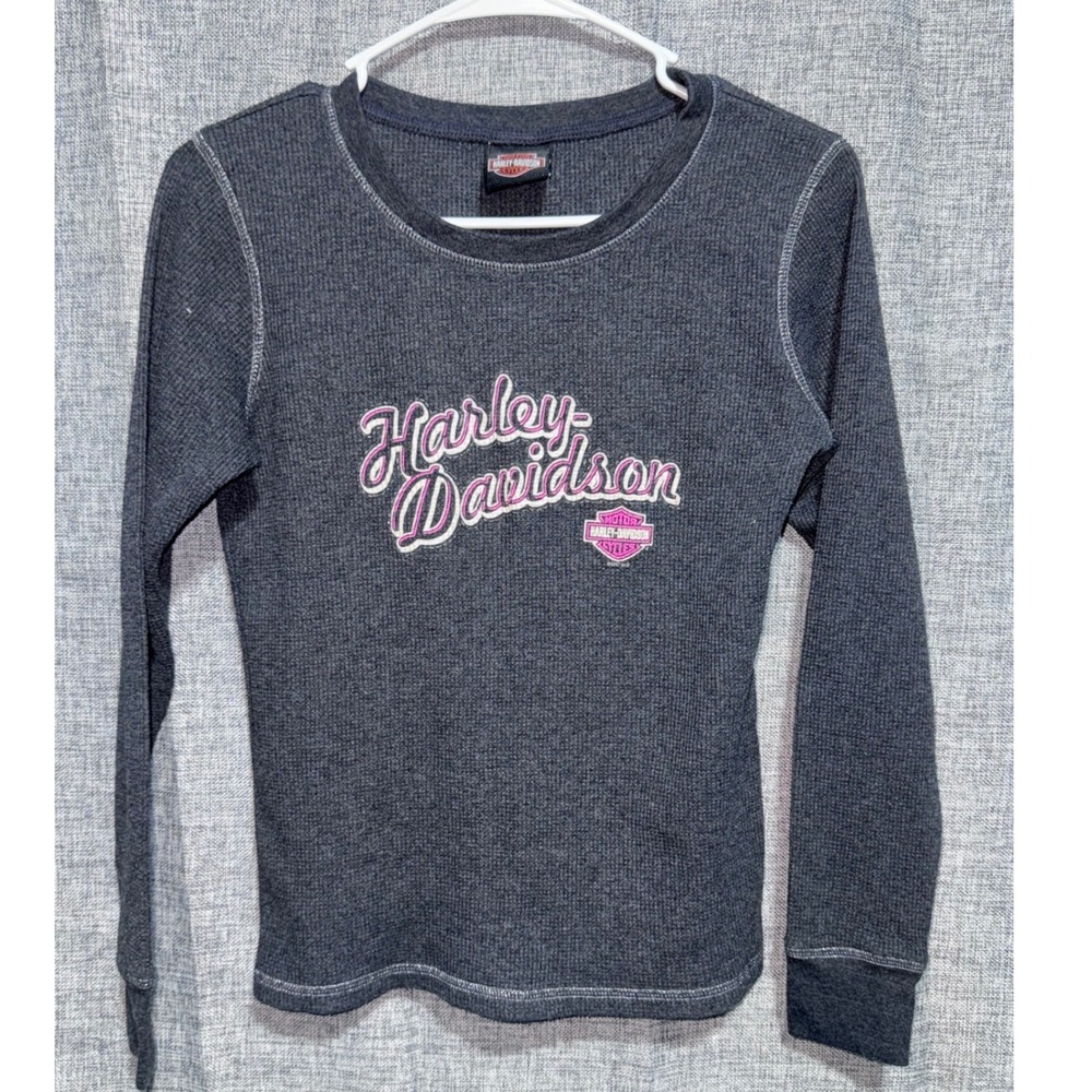 Harley-Davidson Yellowstone Montana Waffle Knit Thermal Shirt Gray Pink Logo